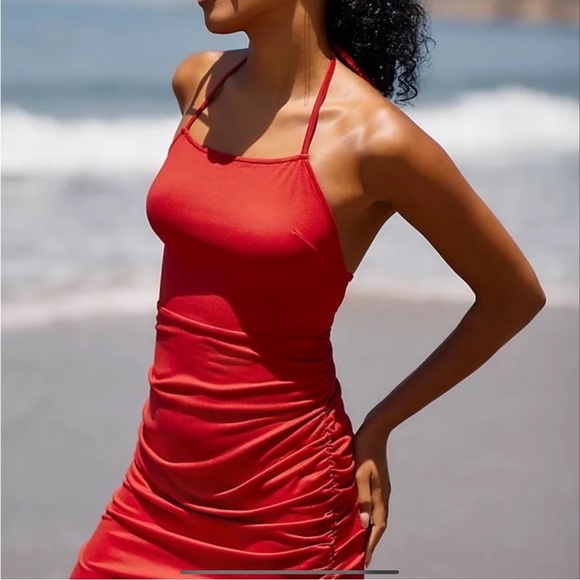 Anthropologie Dresses & Skirts - ANTHROPOLOGIE Open Back Rushed Asymmetrical Style Mini Dress Womens Medium Red